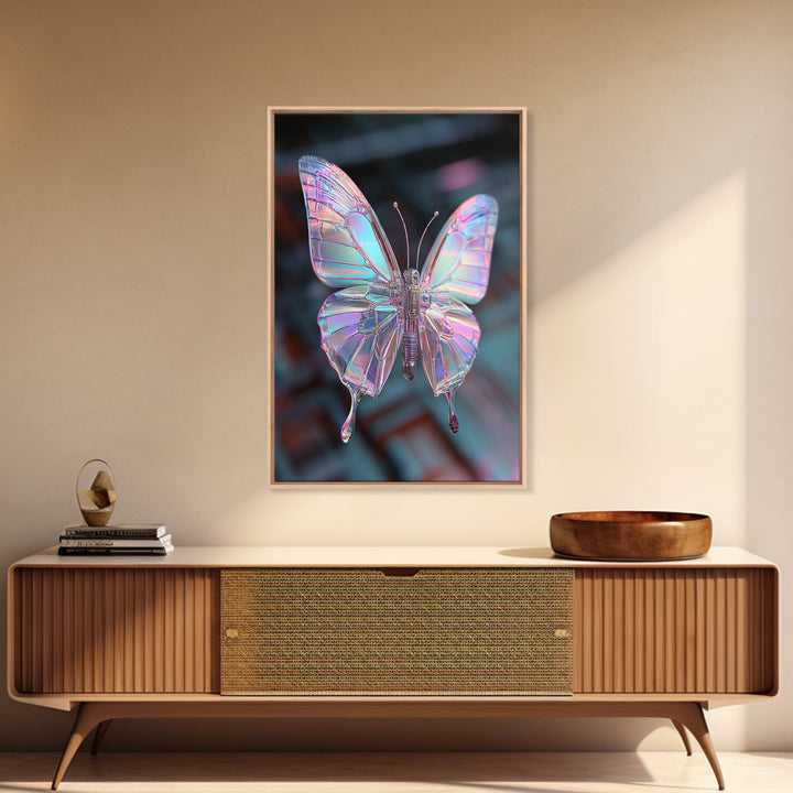 Holographic Butterfly over Black Metal Surface Canvas Print, Cyberpunk Art, Home Decor, Living Room Decor, Fine Art, Neon, CYB-2x3-27