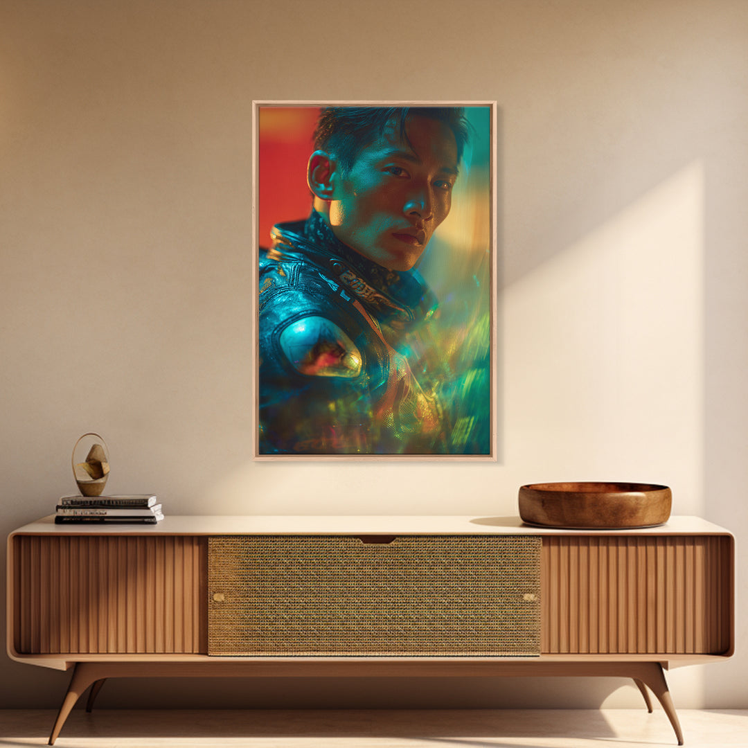 Motorcycle Rider under Holographic Signs Framed Canvas Print, Cyberpunk Art, Modern Wall Decor, Living Room Decor, Neon, CYB-2x3-36