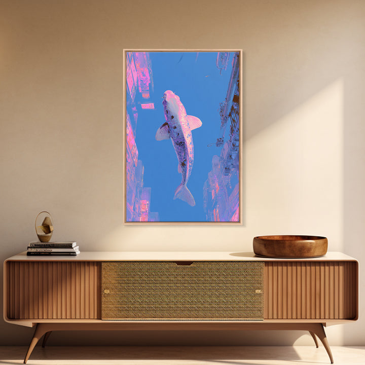 Cyberpunk Koi Swimming Through Electric Blue Water Framed Canvas Print, Cyberpunk Art, Movie Posters, Living Room Decor, Neon, CYB-2x3-37
