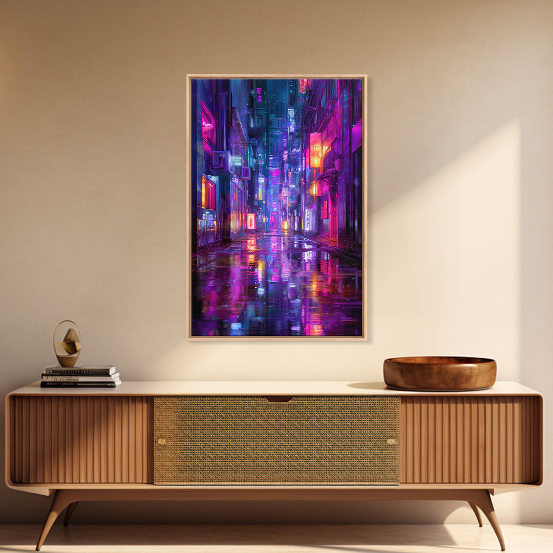 Rain Soaked Alley Canvas Print, Cyberpunk Art, Contemporary Art, Living Room Decor, Abstract Art, Neon, Canvas Wall Art, CYB-2x3-40