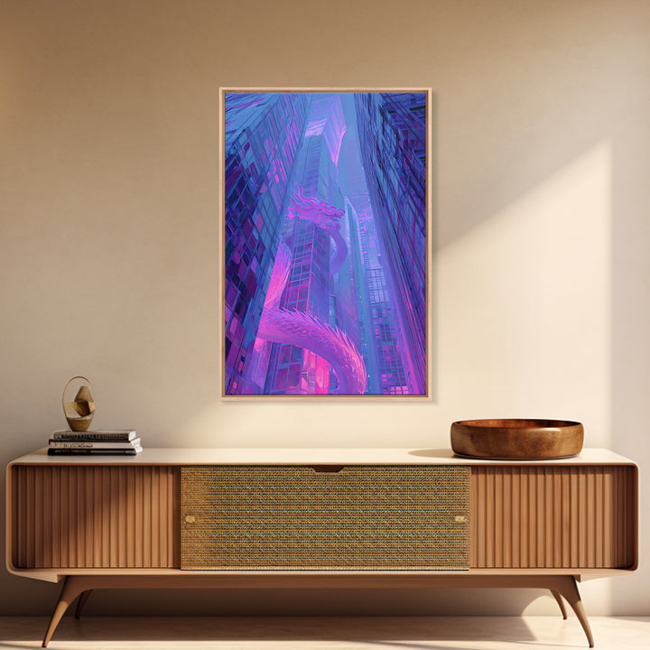 Neon Dragon Wrapped Around Skyscraper Shapes Framed Canvas Print, Cyberpunk Art, Poster, Living Room Decor, Fine Art, Neon, CYB-2x3-46