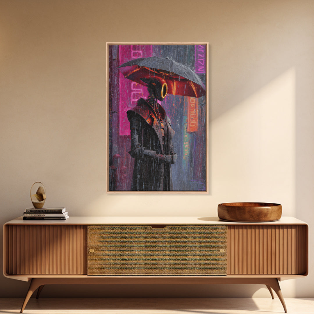 Glowing Umbrella Figure Framed Canvas Print, Cyberpunk Art, Canvas Wall Art, Living Room Decor, Fine Art, Neon, Space Art, CYB-2x3-47