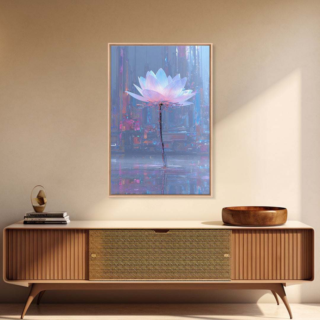 Electric Lotus Flower Canvas Print, Cyberpunk Art, Japanese Wall Art, Living Room Decor, Watercolor Art, Neon, Cyberpunk Helmet, CYB-2x3-49