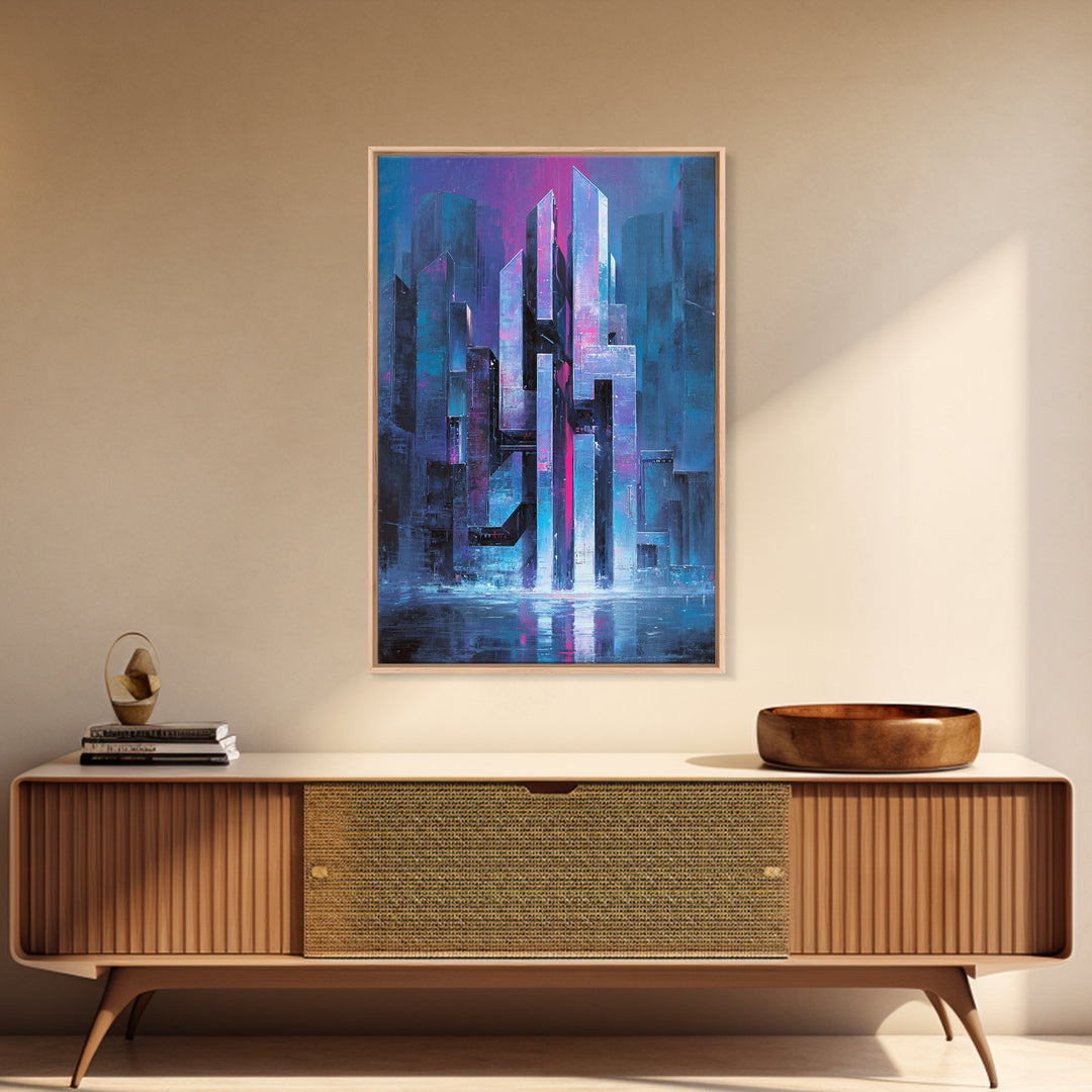 Glowing Kanji Shapes Canvas Print, Cyberpunk Art, Digital Wall Art, Living Room Decor, Abstract Art, Neon, Man Cave Decor, CYB-2x3-5