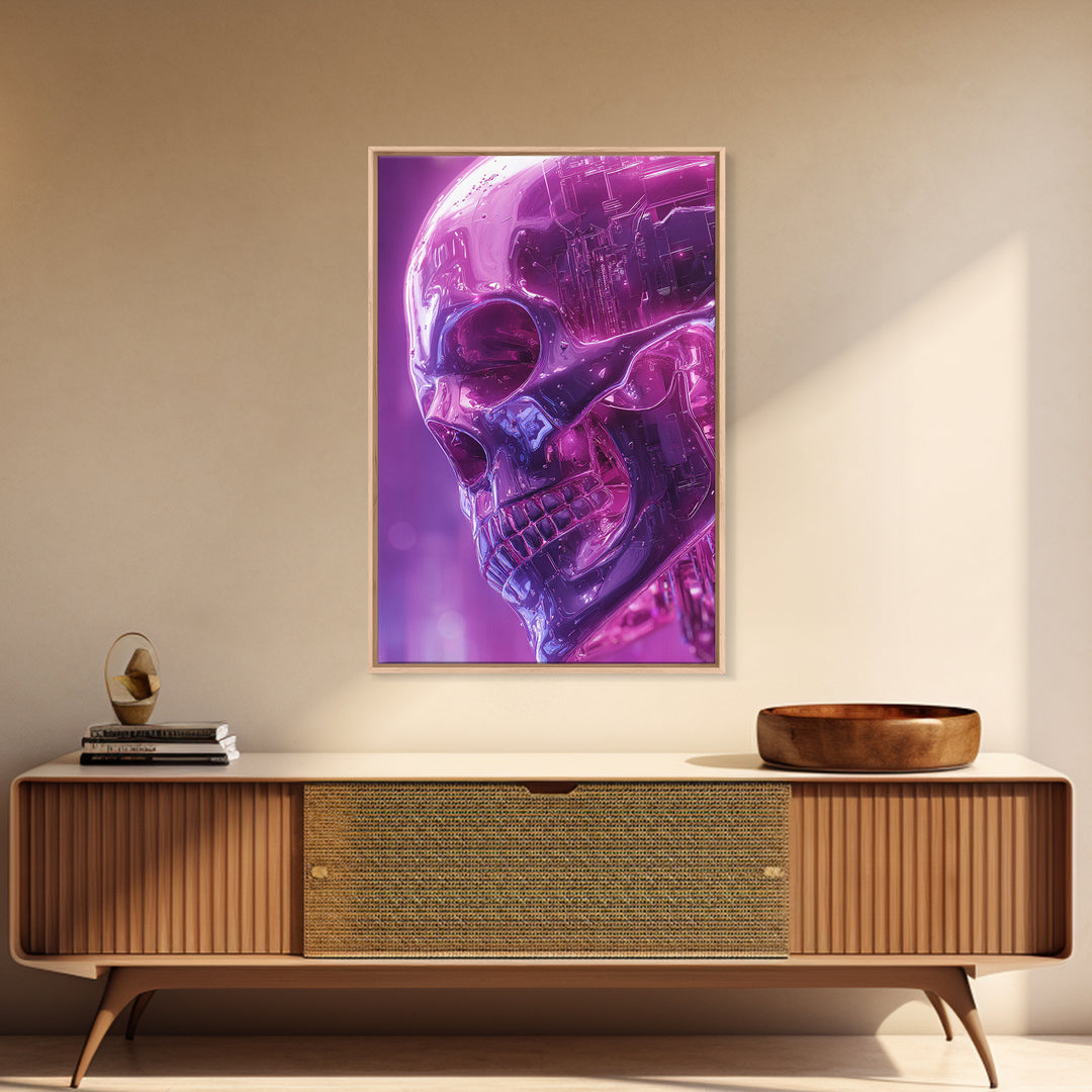 Cyberpunk Skull with Chrome and Violet Light Framed Canvas Print, Cyberpunk Art, Poster, Living Room Decor, Fine Art, Neon, CYB-2x3-52