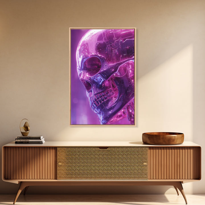 Cyberpunk Skull with Chrome and Violet Light Framed Canvas Print, Cyberpunk Art, Poster, Living Room Decor, Fine Art, Neon, CYB-2x3-52