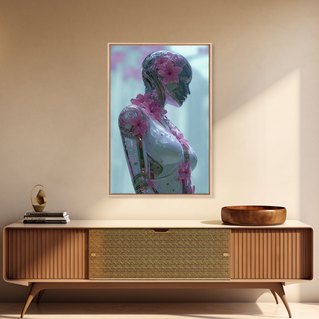 Android Woman with Glowing Circuitry and Flowers Canvas Print, Cyberpunk Art, Modern Wall Art, Living Room Decor, Neon, CYB-2x3-59