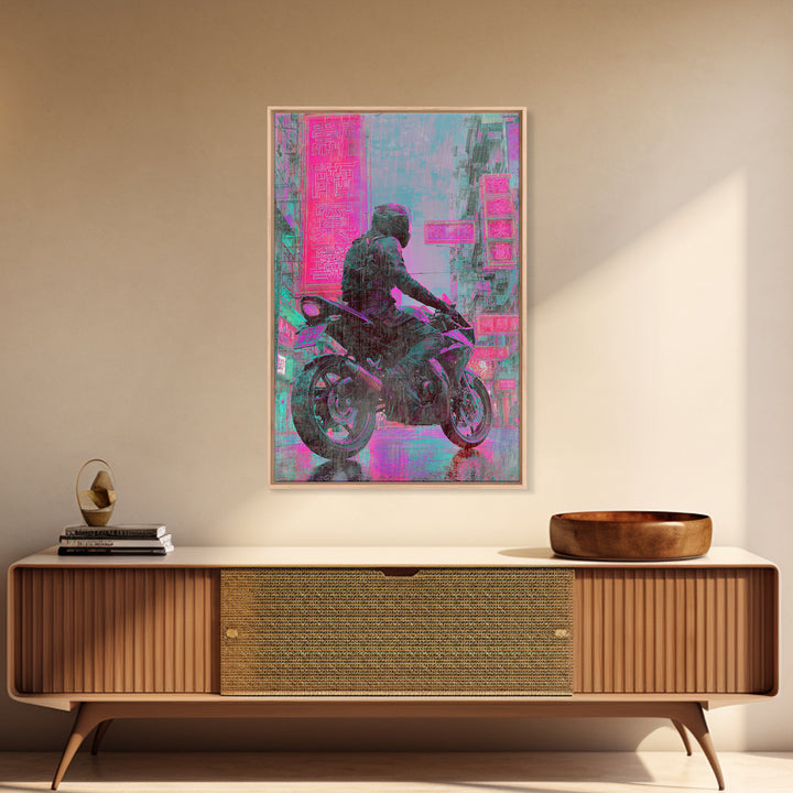 Motorcycle Rider under Holographic Signs Framed Canvas Print, Cyberpunk Art, Gothic Decor, Living Room Decor, Fine Art, Neon, CYB-2x3-60