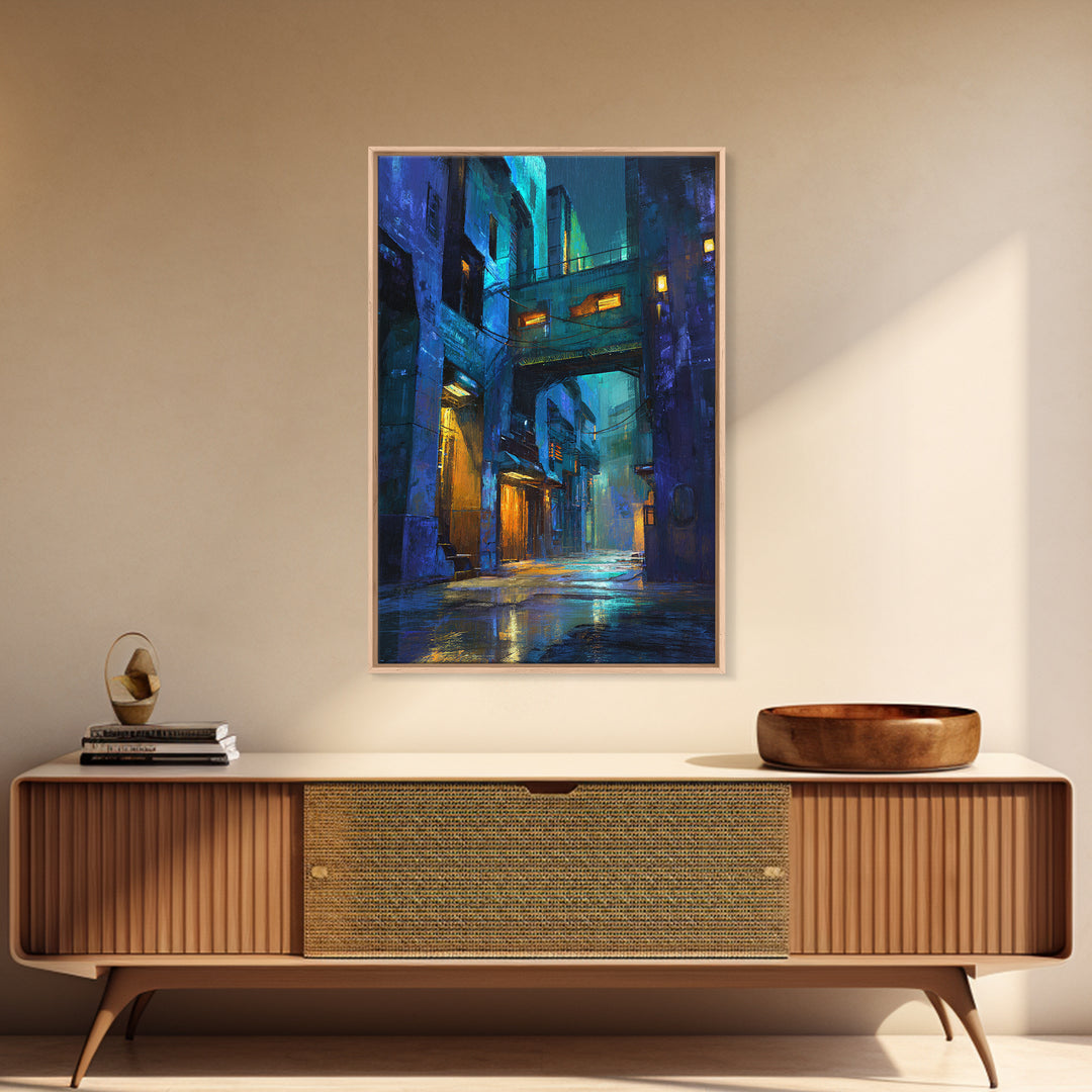 Rain Soaked Alley Framed Canvas Print, Cyberpunk Art, Art Print, Living Room Decor, Abstract Art, Neon, Blue Wall Art, CYB-2x3-64