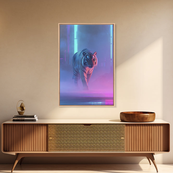 Neon Tiger Emerging from Digital Fog Canvas Print, Cyberpunk Art, Blue Wall Art, Living Room Decor, Neon, Modern Wall Decor, CYB-2x3-65