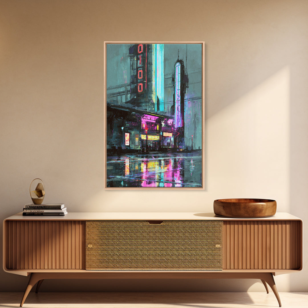 Retro Arcade Dystopia Canvas Print, Cyberpunk Art, Living Room Decor, Oil Painting, Neon, Digital Download Art, CYB-2x3-66