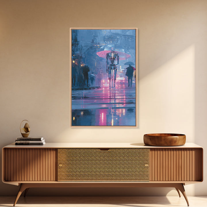 Glowing Umbrella Figure Canvas Print, Cyberpunk Art, Blue Wall Art, Living Room Decor, Fine Art, Neon, Modern Wall Decor, CYB-2x3-71
