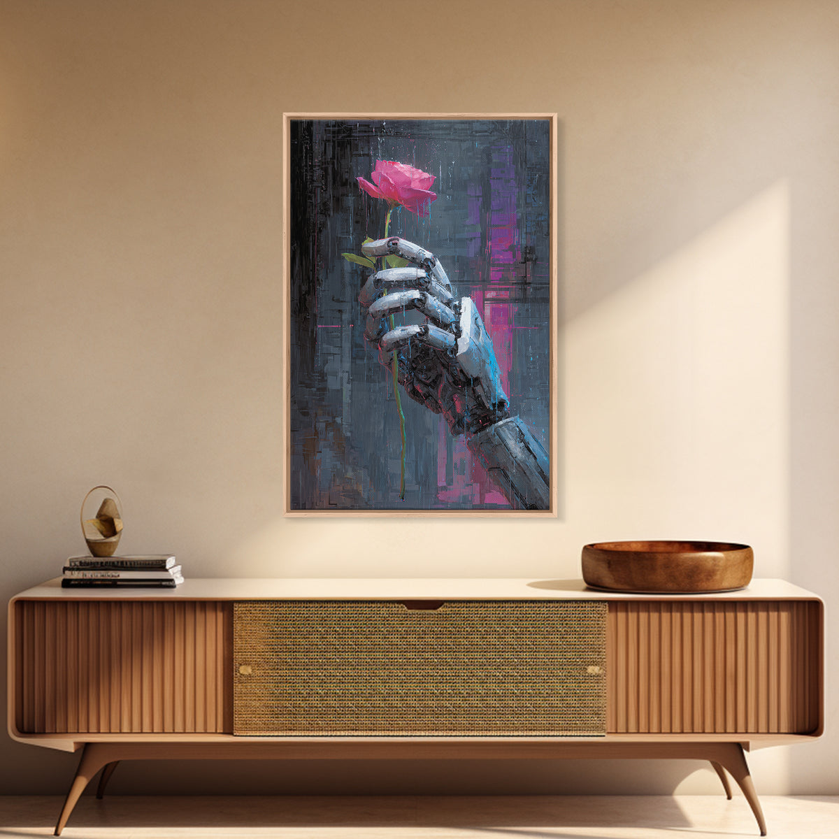 Robotic Hand Holding a Real Rose Canvas Print, Cyberpunk Art, Printable Wall Art, Living Room Decor, Oil Painting, Neon, CYB-2x3-72