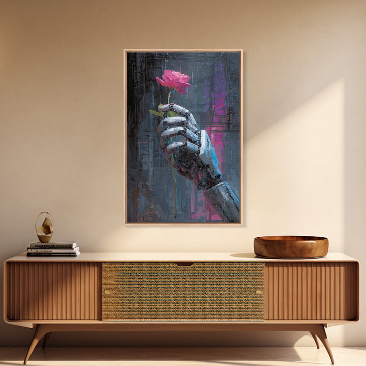 Robotic Hand Holding a Real Rose Canvas Print, Cyberpunk Art, Printable Wall Art, Living Room Decor, Oil Painting, Neon, CYB-2x3-72