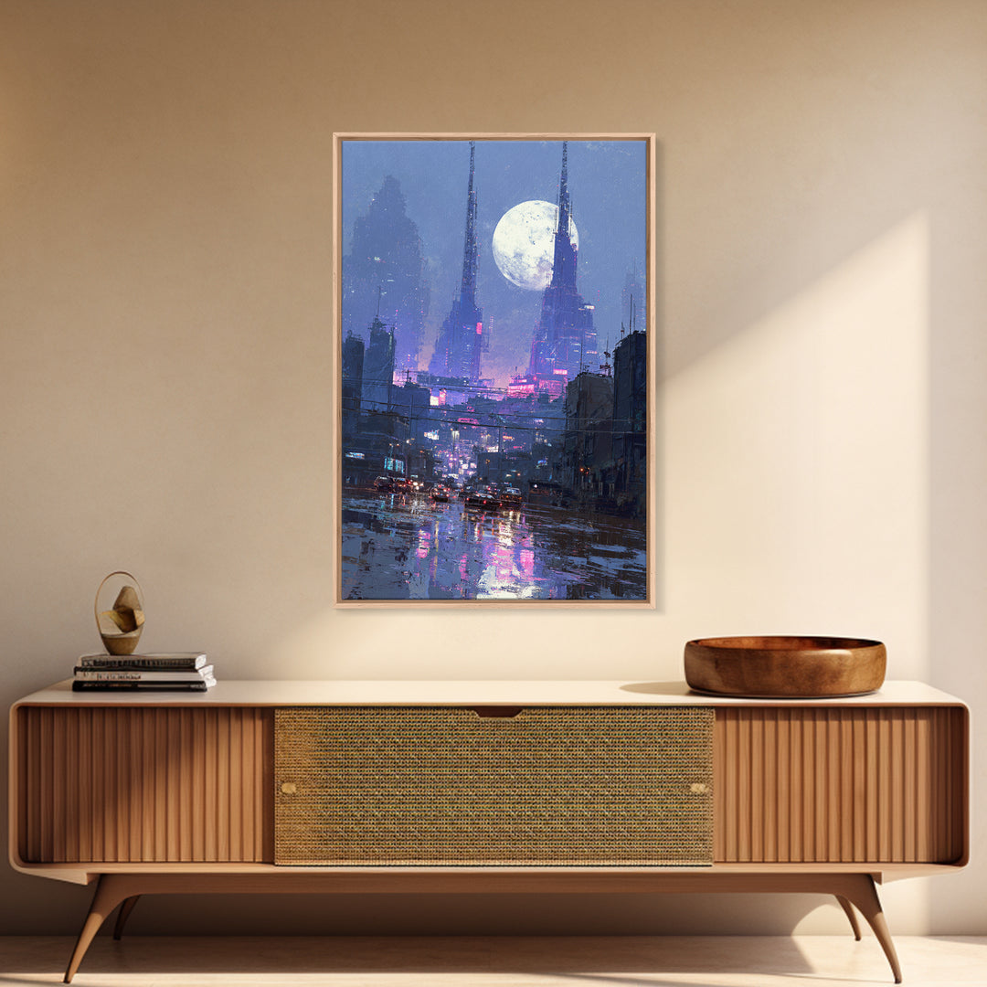 Dystopian Moon over Dense Rooftops Framed Canvas Print, Cyberpunk Art, Digital Wall Art, Living Room Decor, Watercolor Art, CYB-2x3-74