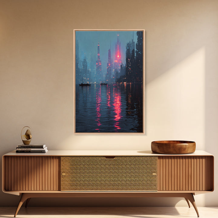 Neon Skyline Reflected Framed Canvas Print, Cyberpunk Art, Gothic Decor, Living Room Decor, Abstract Art, Neon, CYB-2x3-78