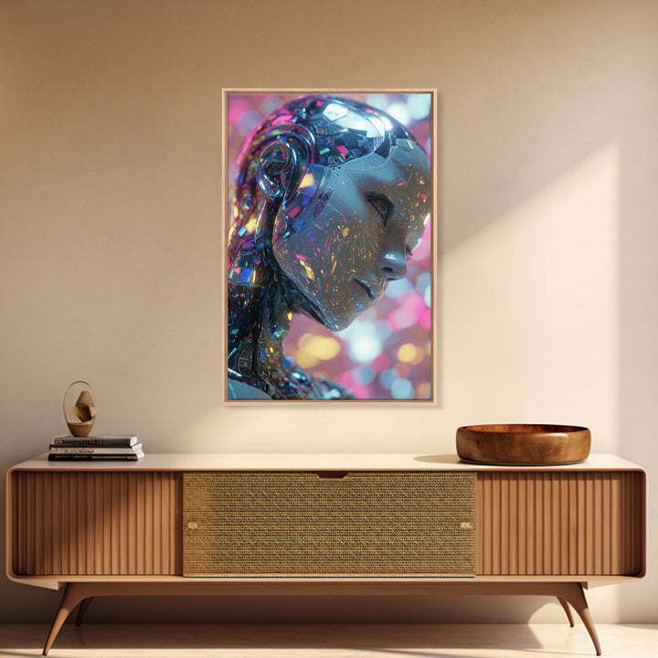 Ai Mask Portrait Framed Canvas Print, Cyberpunk Art, Fantasy Art, Living Room Decor, Oil Painting, Neon, Minimalist Decor, CYB-2x3-8