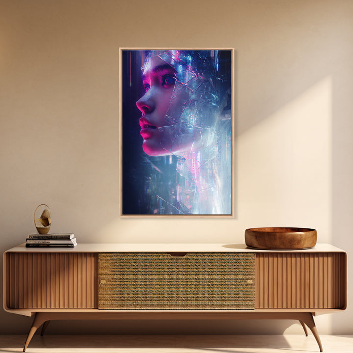 Ai Mask Portrait Framed Canvas Print, Cyberpunk Art, Digital Wall Art, Living Room Decor, Fine Art, Neon, Man Cave Decor, CYB-2x3-80