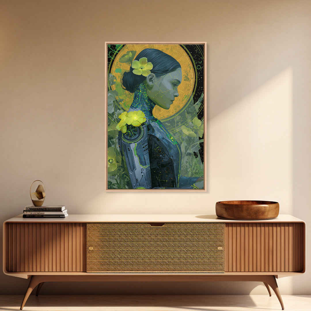 Android Woman with Glowing Circuitry and Flowers Framed Canvas Print, Cyberpunk Art, Cyberpunk Helmet, Living Room Decor, Neon, CYB-2x3-83