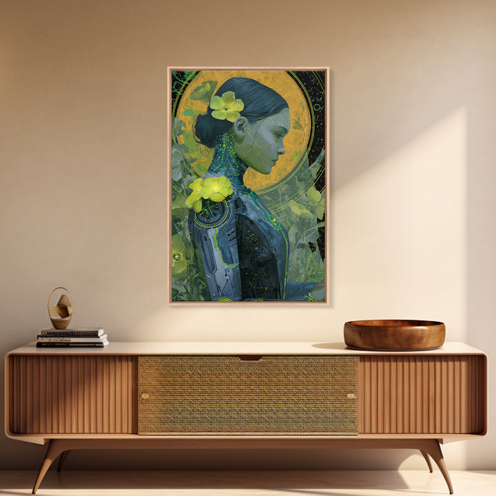 Android Woman with Glowing Circuitry and Flowers Framed Canvas Print, Cyberpunk Art, Cyberpunk Helmet, Living Room Decor, Neon, CYB-2x3-83