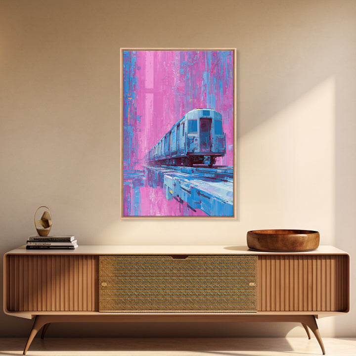 City Train Rushing Through Pink Electric Haze Framed Canvas Print, Cyberpunk Art, Cool Wall Art, Living Room Decor, Neon, CYB-2x3-93