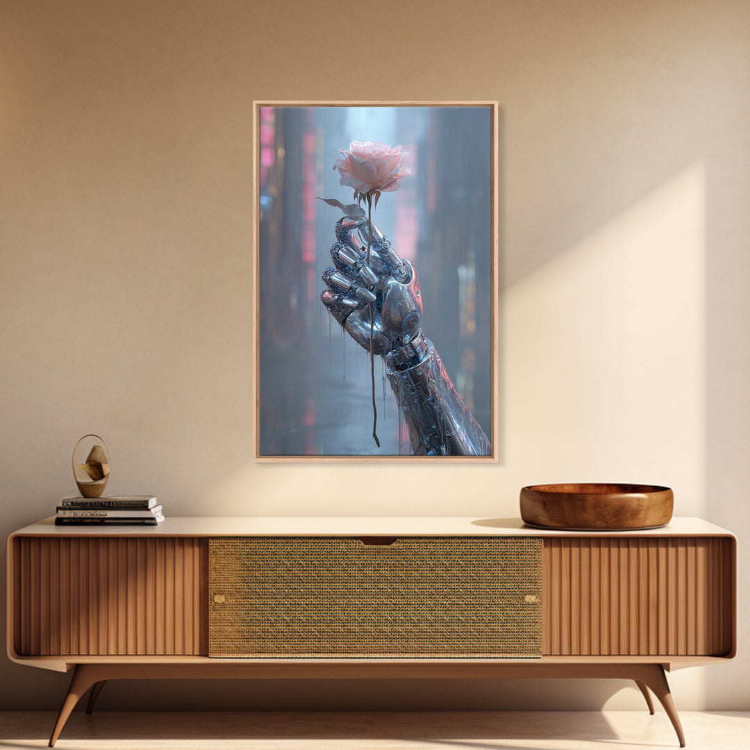 Robotic Hand Holding a Real Rose Canvas Print, Cyberpunk Art, Cool Wall Art, Living Room Decor, Fine Art, Neon, Gallery Decor, CYB-2x3-96