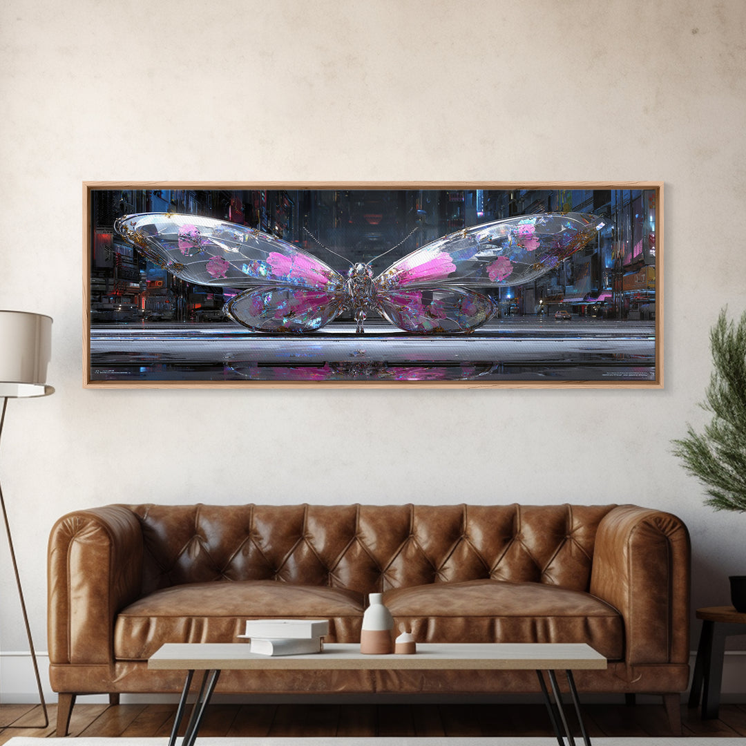 Holographic Butterfly over Black Metal Surface Canvas Print, Cyberpunk Art, Modern Wall Decor, Living Room Decor, Neon, CYB-3x1-11