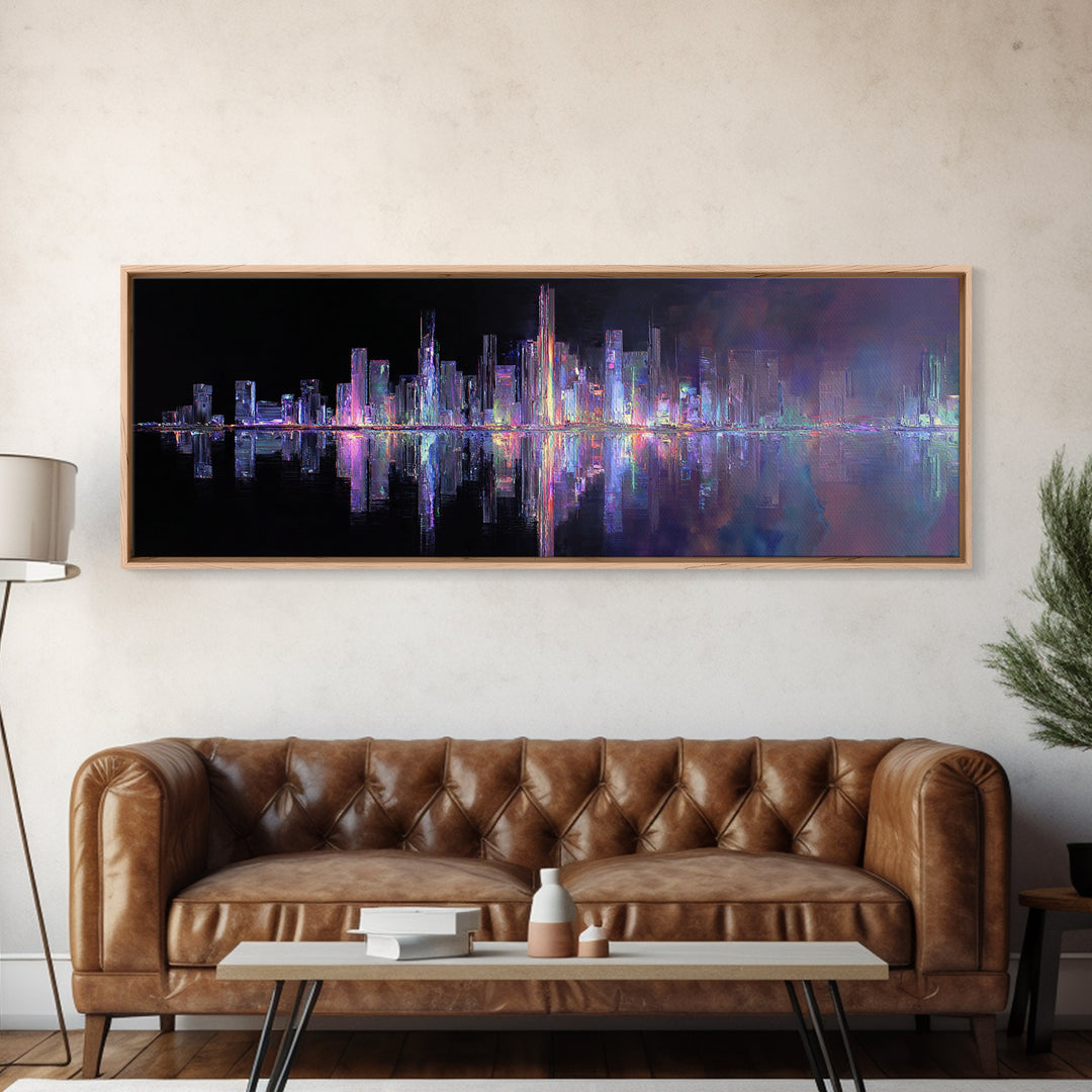Neon Skyline Reflected Canvas Print, Cyberpunk Art, Modern Decor, Living Room Decor, Abstract Art, Neon, Poster, Wall Decor, CYB-3x1-14