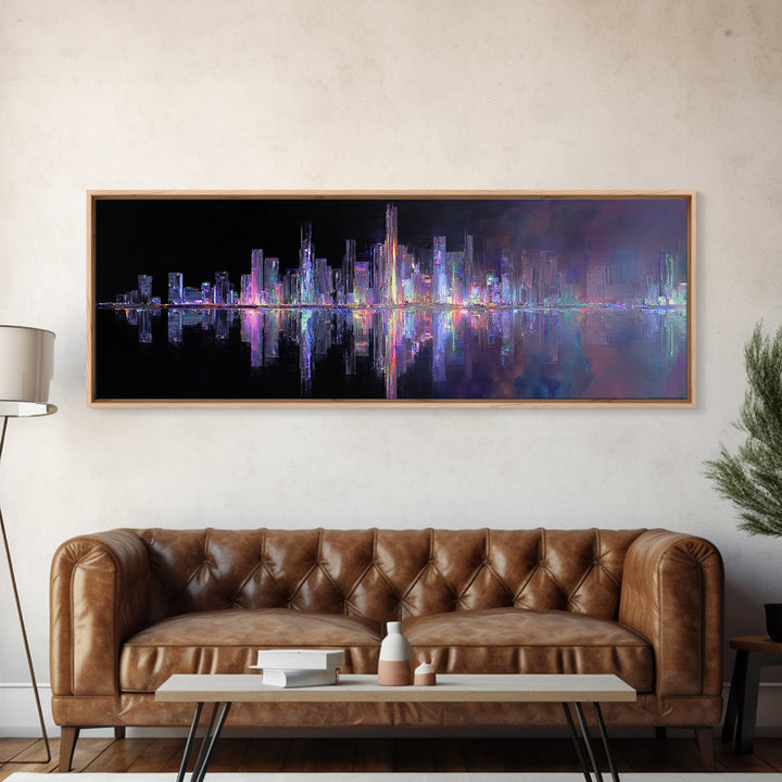 Neon Skyline Reflected Canvas Print, Cyberpunk Art, Modern Decor, Living Room Decor, Abstract Art, Neon, Poster, Wall Decor, CYB-3x1-14