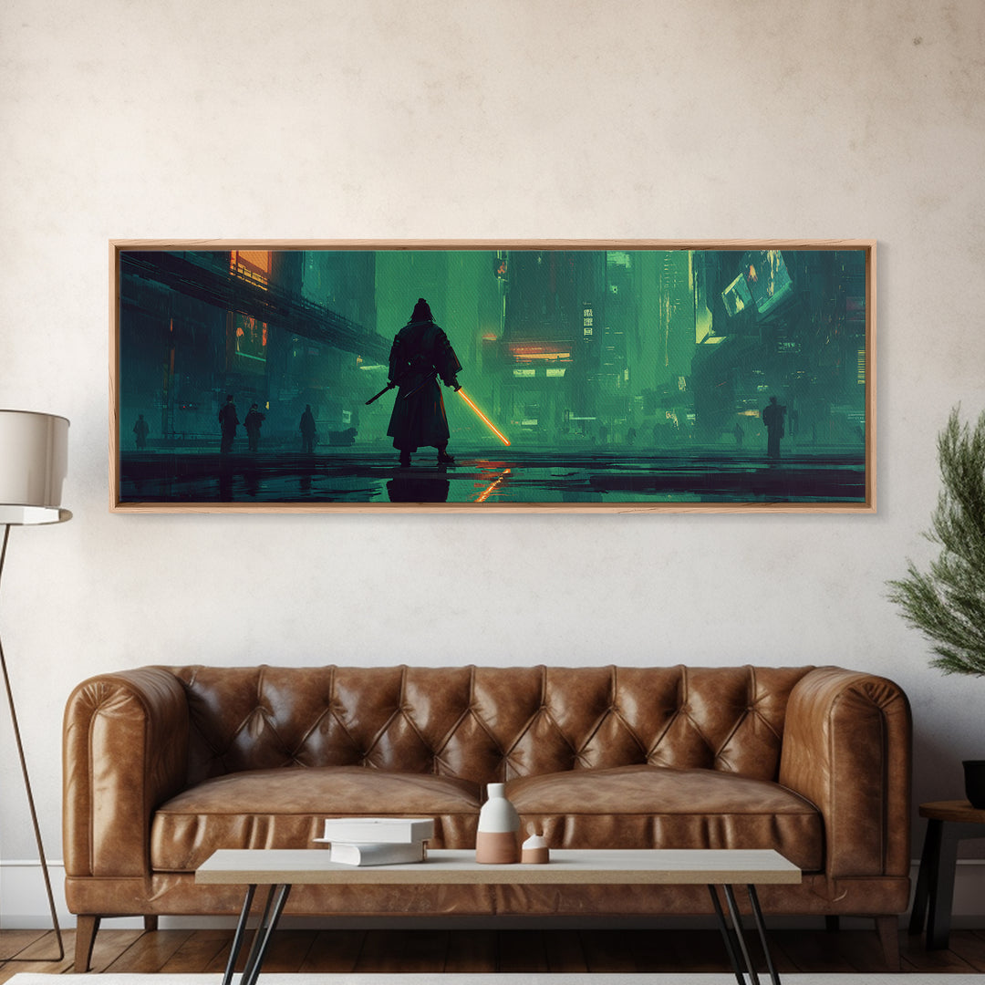 Neon Samurai Portrait Framed Canvas Print, Cyberpunk Art, Space Art, Living Room Decor, Oil Painting, Neon, Cyberpunk Wall Art, CYB-3x1-17