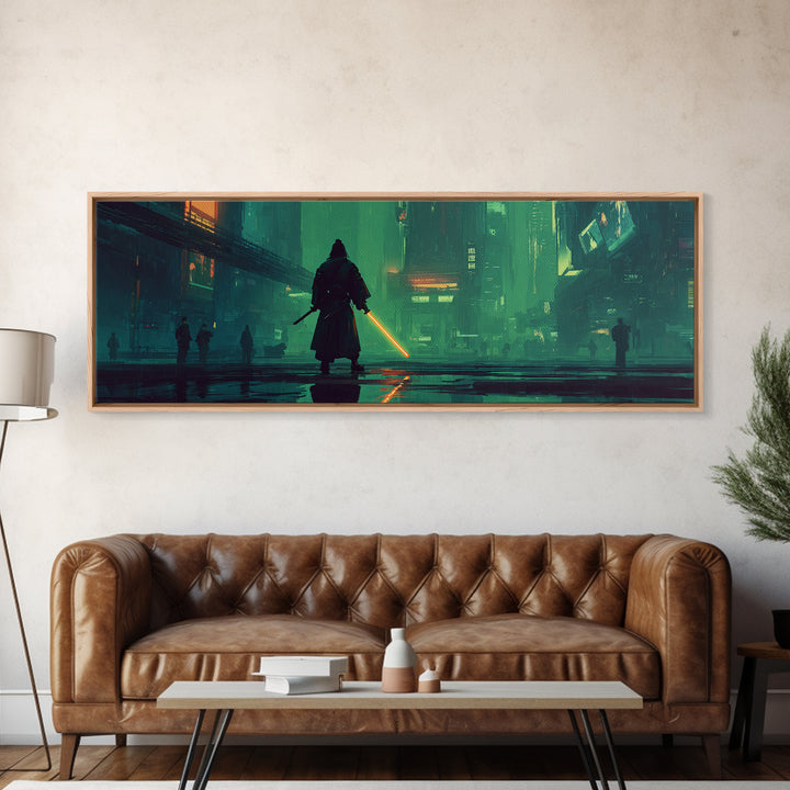 Neon Samurai Portrait Framed Canvas Print, Cyberpunk Art, Space Art, Living Room Decor, Oil Painting, Neon, Cyberpunk Wall Art, CYB-3x1-17