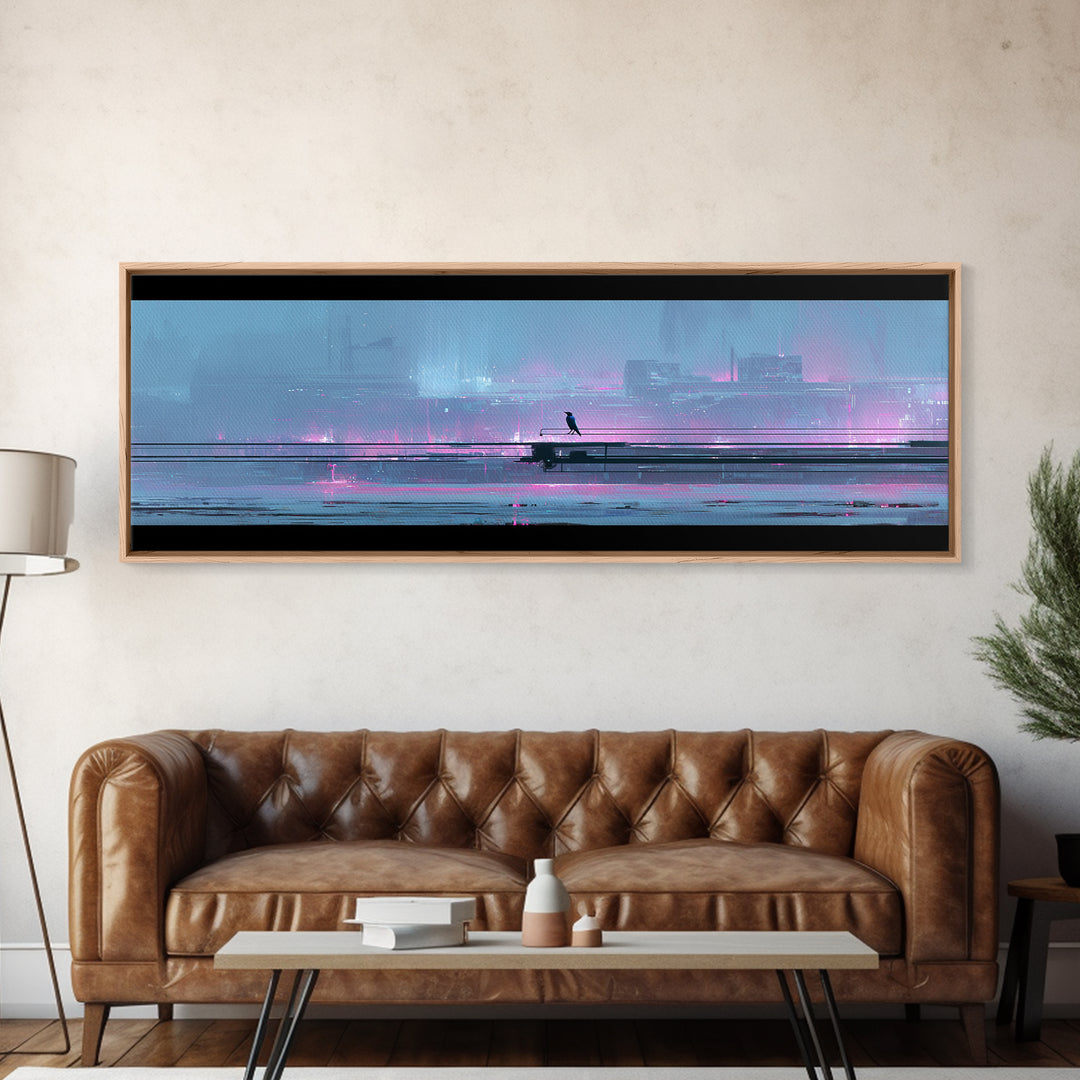 Cybernetic Raven Perched on a Cable Framed Canvas Print, Cyberpunk Art, Textured Painting, Living Room Decor, Fine Art, Neon, CYB-3x1-27