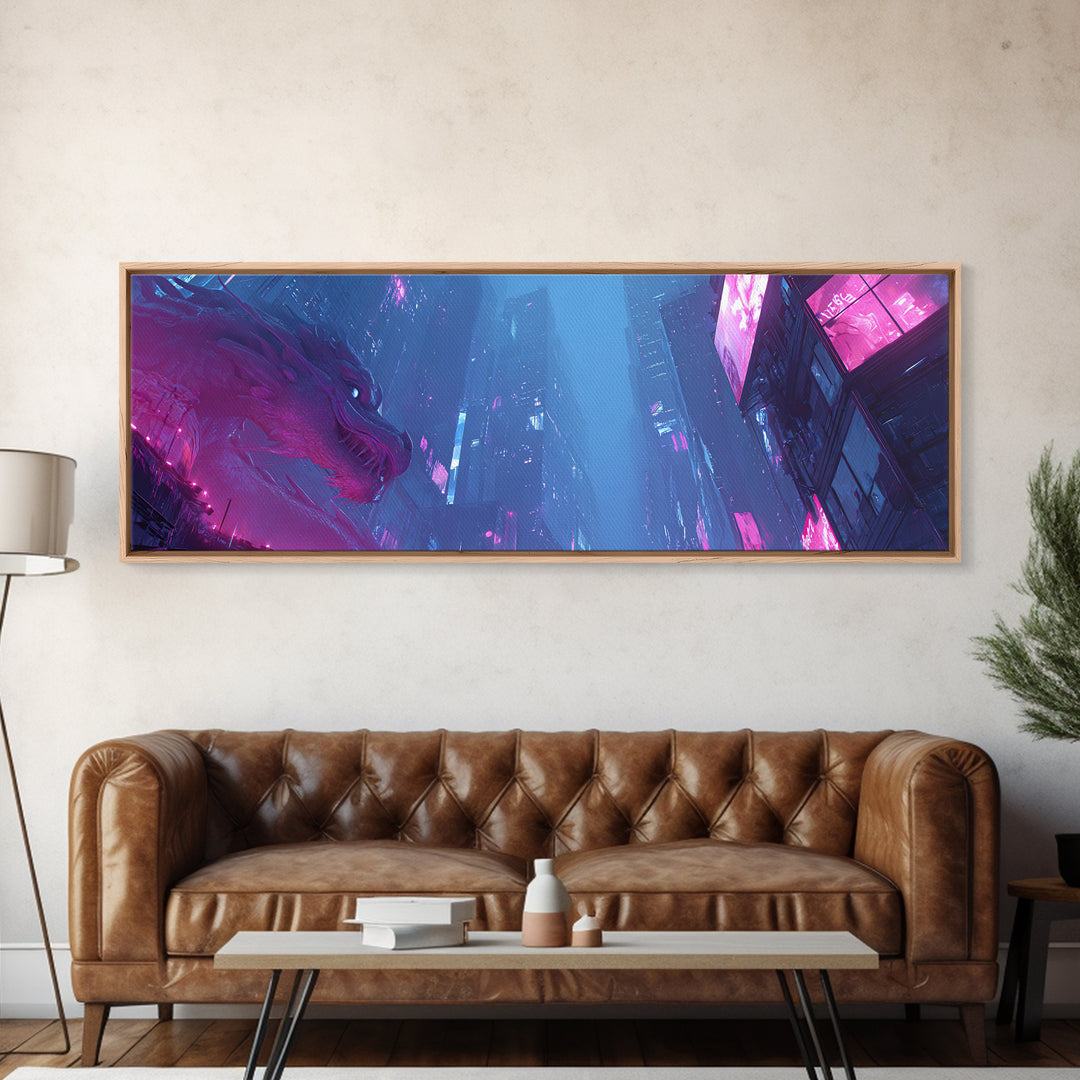 Neon Dragon Wrapped Around Skyscraper Shapes Canvas Print, Cyberpunk Art, Art Print, Living Room Decor, Abstract Art, Neon, CYB-3x1-30
