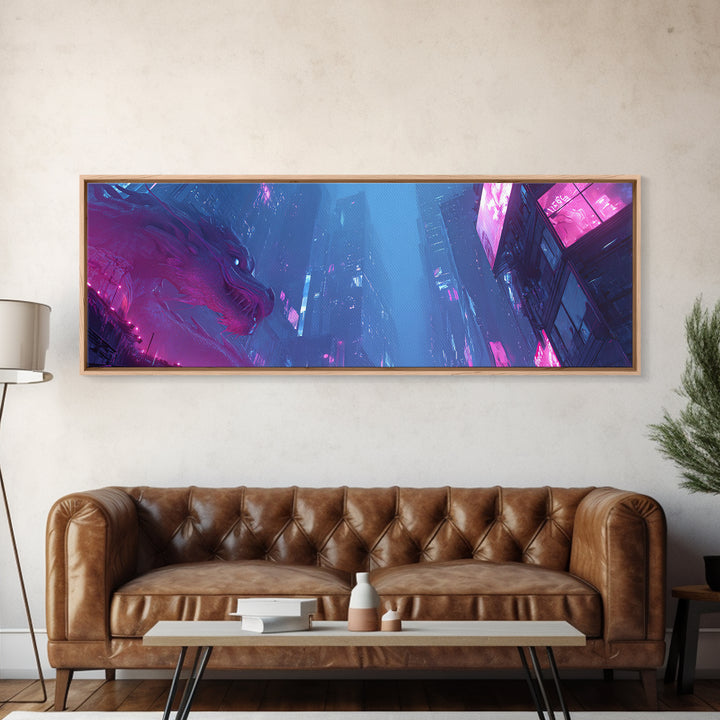 Neon Dragon Wrapped Around Skyscraper Shapes Canvas Print, Cyberpunk Art, Art Print, Living Room Decor, Abstract Art, Neon, CYB-3x1-30