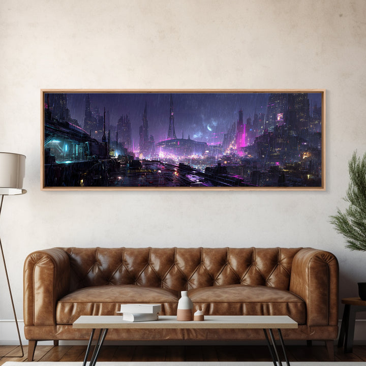Dystopian Moon over Dense Rooftops Canvas Print, Cyberpunk Art, Canvas Wall Art, Living Room Decor, Abstract Art, Neon, CYB-3x1-34