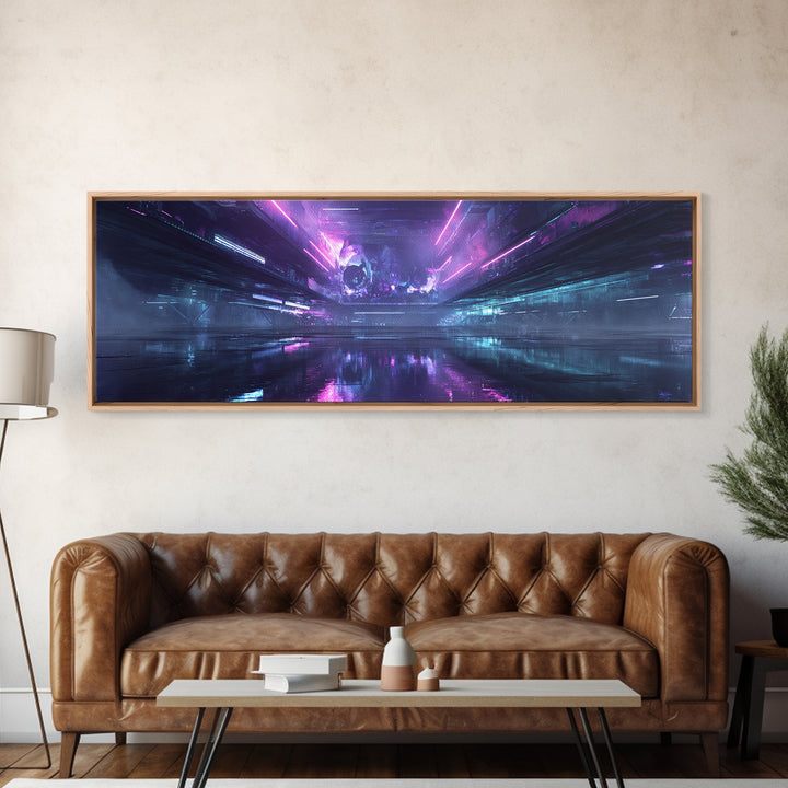 Cyberpunk Skull with Chrome and Violet Light Canvas Print, Cyberpunk Art, Gallery Decor, Living Room Decor, Fine Art, Neon, CYB-3x1-36