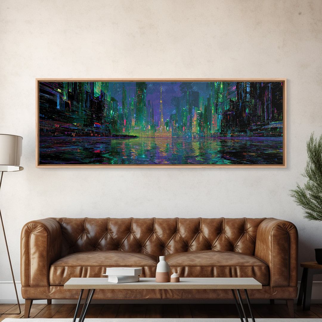 Neon Skyline Reflected Canvas Print, Cyberpunk Art, Abstract Art, Living Room Decor, Neon, Urban Wall Art, Cyberpunk Helmet, CYB-3x1-38