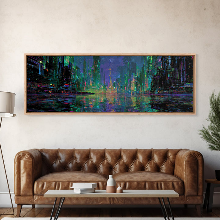 Neon Skyline Reflected Canvas Print, Cyberpunk Art, Abstract Art, Living Room Decor, Neon, Urban Wall Art, Cyberpunk Helmet, CYB-3x1-38