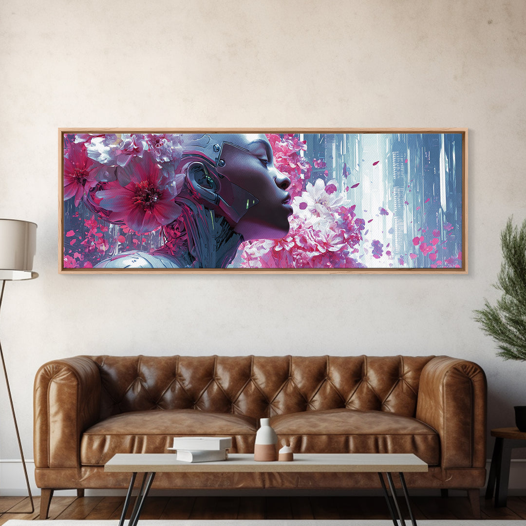 Android Woman with Glowing Circuitry and Flowers Canvas Print, Cyberpunk Art, Digital Art, Living Room Decor, Fine Art, Neon, CYB-3x1-43