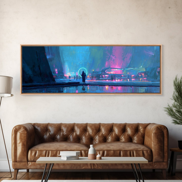 Masked Hacker Figure Canvas Print, Cyberpunk Art, Cyberpunk Decor, Living Room Decor, Neon, Modern Decor, Fine Art Print, CYB-3x1-46