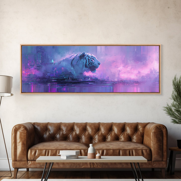 Neon Tiger Emerging from Digital Fog Canvas Print, Cyberpunk Art, Cyberpunk Helmet, Living Room Decor, Abstract Art, Neon, CYB-3x1-49