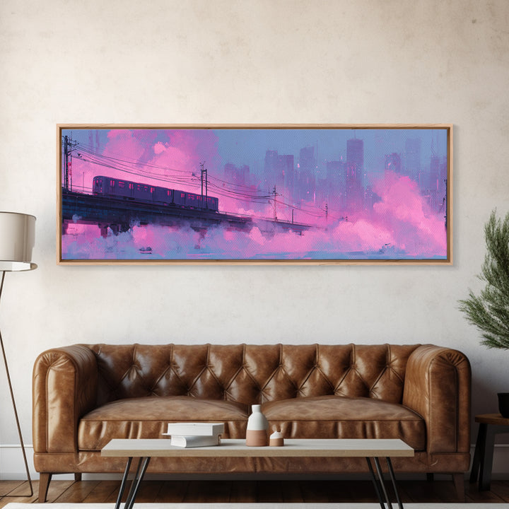 City Train Rushing Through Pink Electric Haze Framed Canvas Print, Cyberpunk Art, Japanese Art, Living Room Decor, CYB-3x1-5