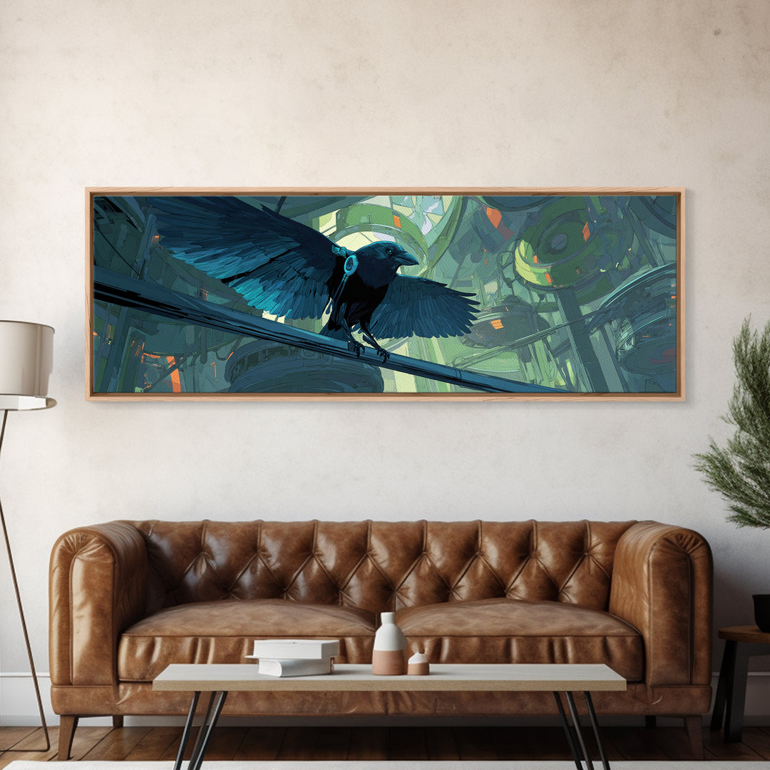 Cybernetic Raven Perched on a Cable Framed Canvas Print, Cyberpunk Art, Cyberpunk 2077, Living Room Decor, Fine Art, Neon, CYB-3x1-51