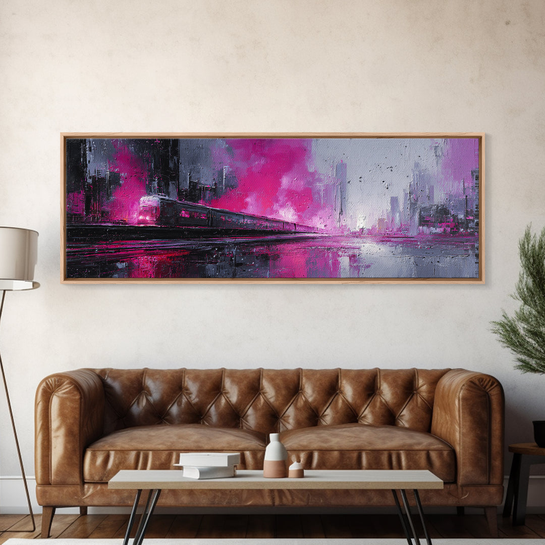 City Train Rushing Through Pink Electric Haze Framed Canvas Print, Cyberpunk Art, Minimalist Poster, Living Room Decor, Neon, CYB-3x1-53