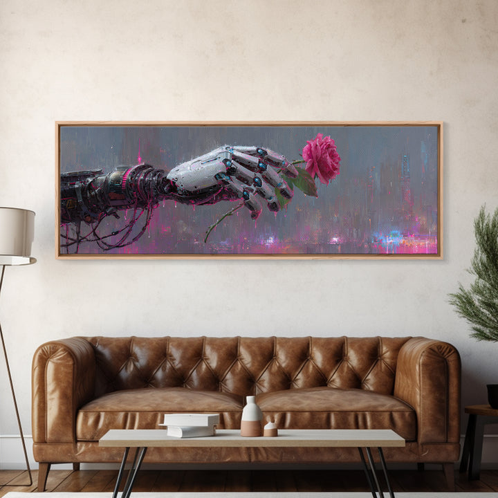 Robotic Hand Holding a Real Rose Framed Canvas Print, Cyberpunk Art, Minimalist Decor, Living Room Decor, Fine Art, Neon, CYB-3x1-56