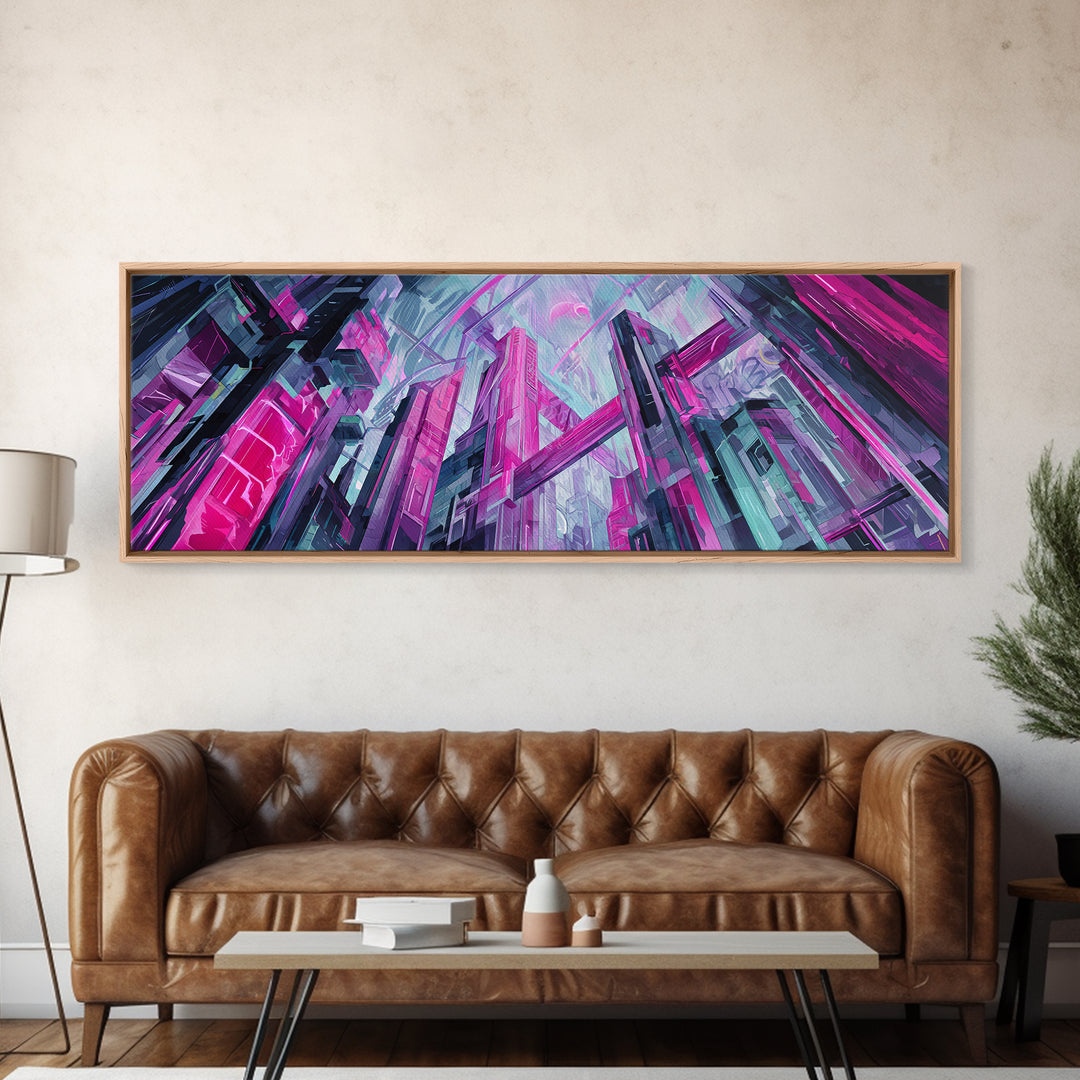 Neon Dragon Wrapped Around Skyscraper Shapes Canvas Print, Cyberpunk Art, Urban Wall Art, Living Room Decor, Abstract Art, Neon, CYB-3x1-6