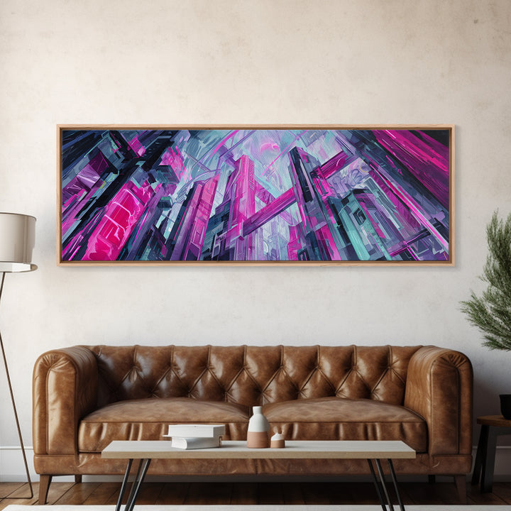 Neon Dragon Wrapped Around Skyscraper Shapes Canvas Print, Cyberpunk Art, Urban Wall Art, Living Room Decor, Abstract Art, Neon, CYB-3x1-6
