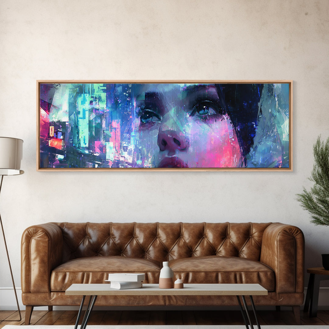 Ai Mask Portrait Framed Canvas Print, Cyberpunk Art, Luxury Decor, Living Room Decor, Fine Art, Neon, Printable Wall Art, CYB-3x1-64