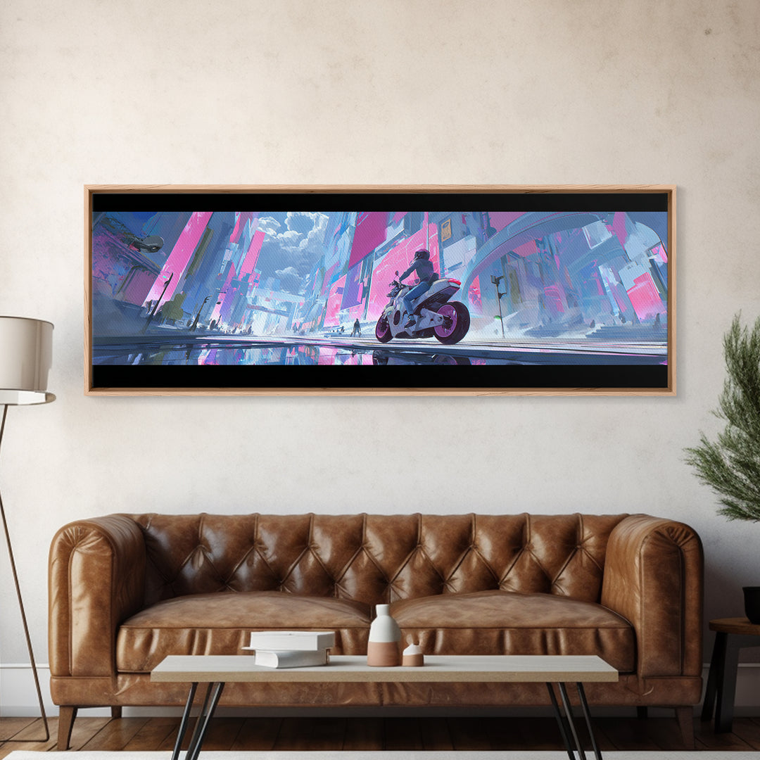 Motorcycle Rider under Holographic Signs Framed Canvas Print, Cyberpunk Art, Home Decor, Living Room Decor, Fine Art, Neon, CYB-3x1-68
