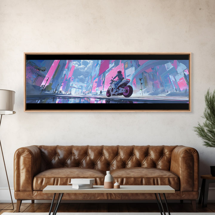 Motorcycle Rider under Holographic Signs Framed Canvas Print, Cyberpunk Art, Home Decor, Living Room Decor, Fine Art, Neon, CYB-3x1-68